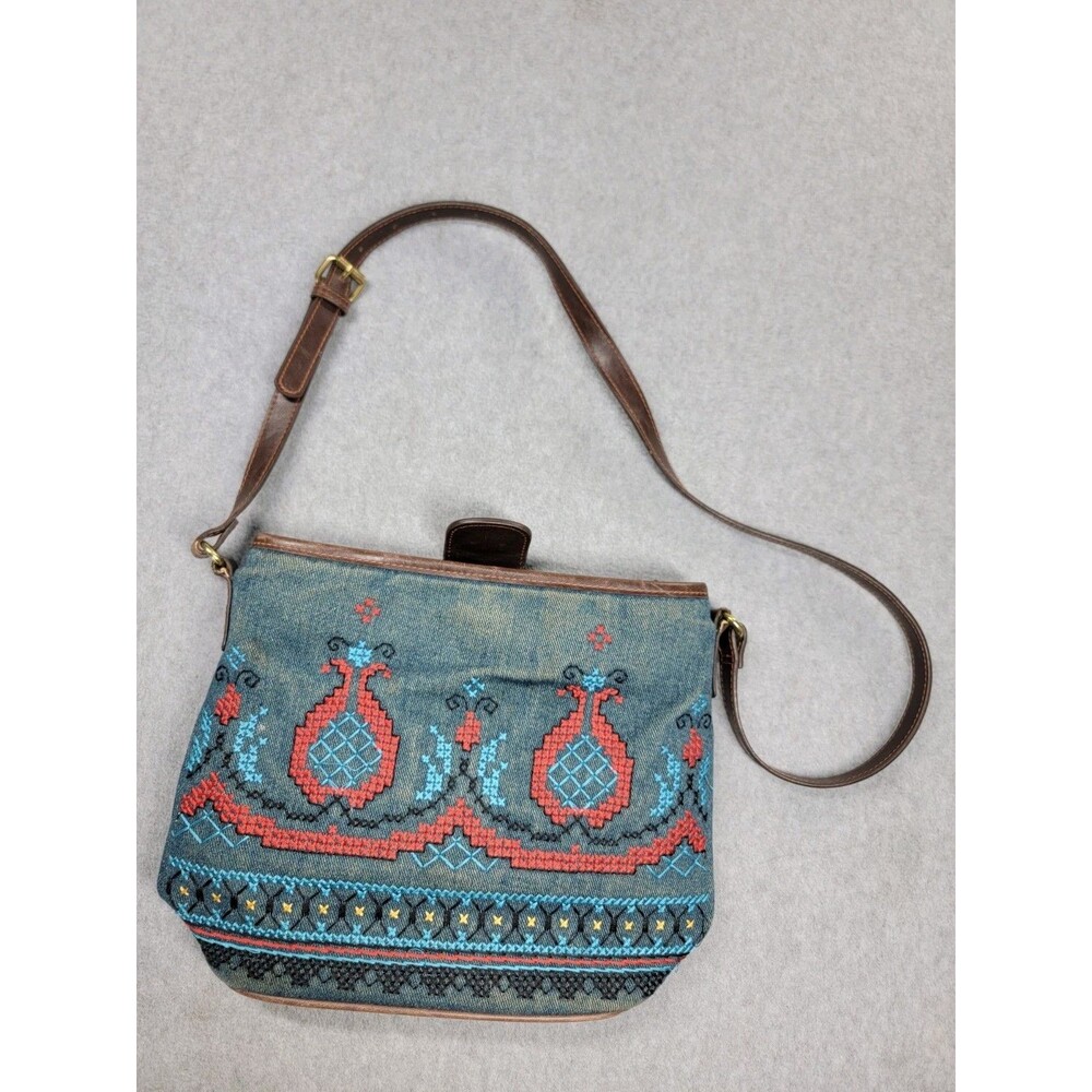 Vintage Relic Crossbody Shoulder Bag S Blue Denim Embroidered Aztec Western 90s